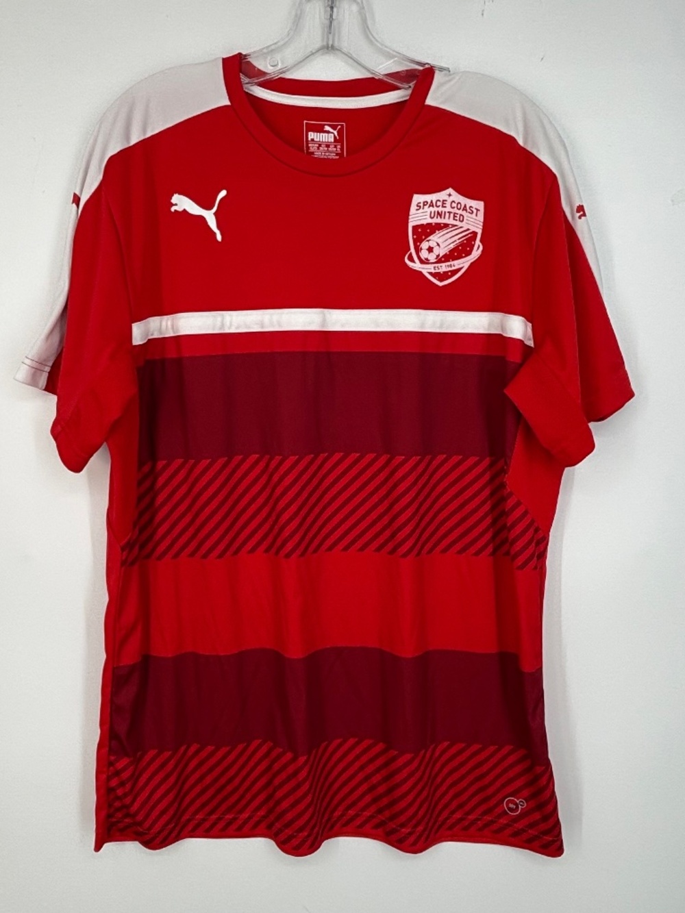 Puma Mens XL Fitted Crewneck T-Shirt Multi Red White Stripes Space Coast United